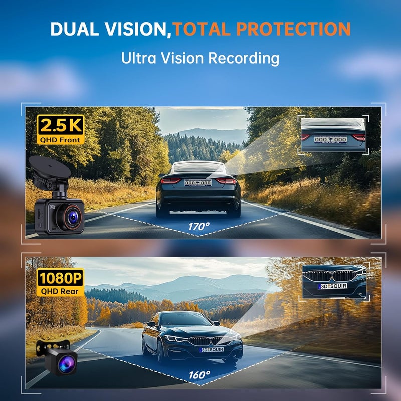 E-YEEGER Dash Cam Front and Rear, 2.5K Dual Dash Camera for Cars, 2560P Mini Car Camera, 2 inch IPS Screen, 32GB Card Included, WDR Night Vision, 24 Hours Parking Monitor, G-Sensor, Support 256 GB Max - Image 3